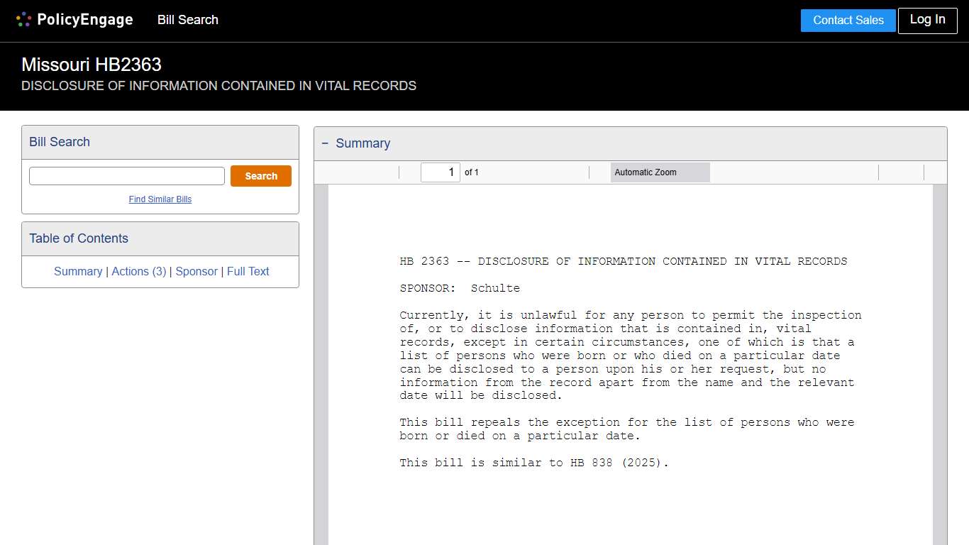 HB2363 Missouri 2026 DISCLOSURE OF INFORMATION CONTAINED IN VITAL RECORDS - Legislative Tracking PolicyEngage